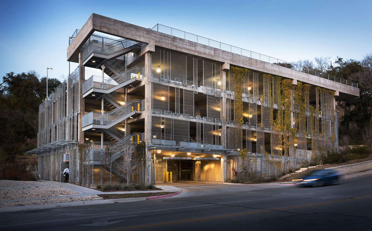 The Think Tank Parking Structure - Austin, Texas - <br>Living Screen® panels of varying sizes transform this concrete parking structure into a verdant wall befitting the neighboring urban green space.