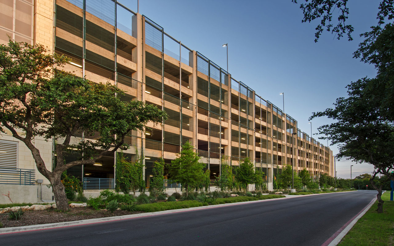 University of Texas – San Antonio – Parking Structure - <br>Massive Living Screen® panels partially cover two facades of a six story structure, allowing vine growth to eventually extend from grade to beyond the top level.