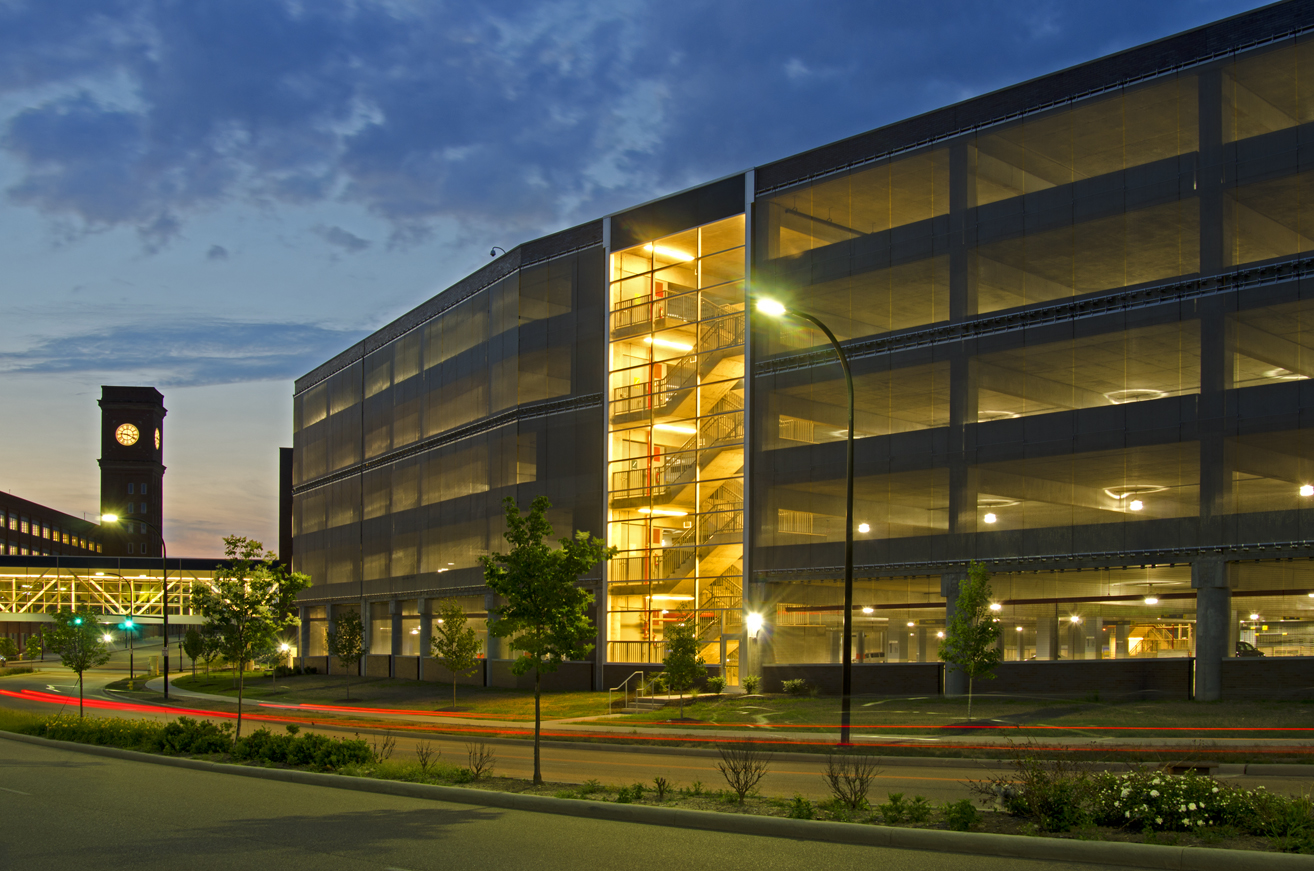 Goodyear – Innovation Way Parking Facility - Akron, Ohio - <br>Stainless steel woven wire tension screens clad the 800 foot long western façade of a six story parking structure and wrap it entirely and securely at ground level.